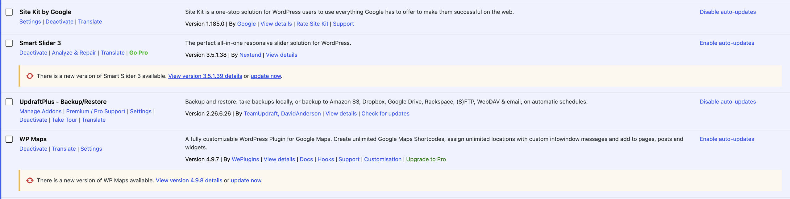 Plugin update notice on a WordPress website dashboard