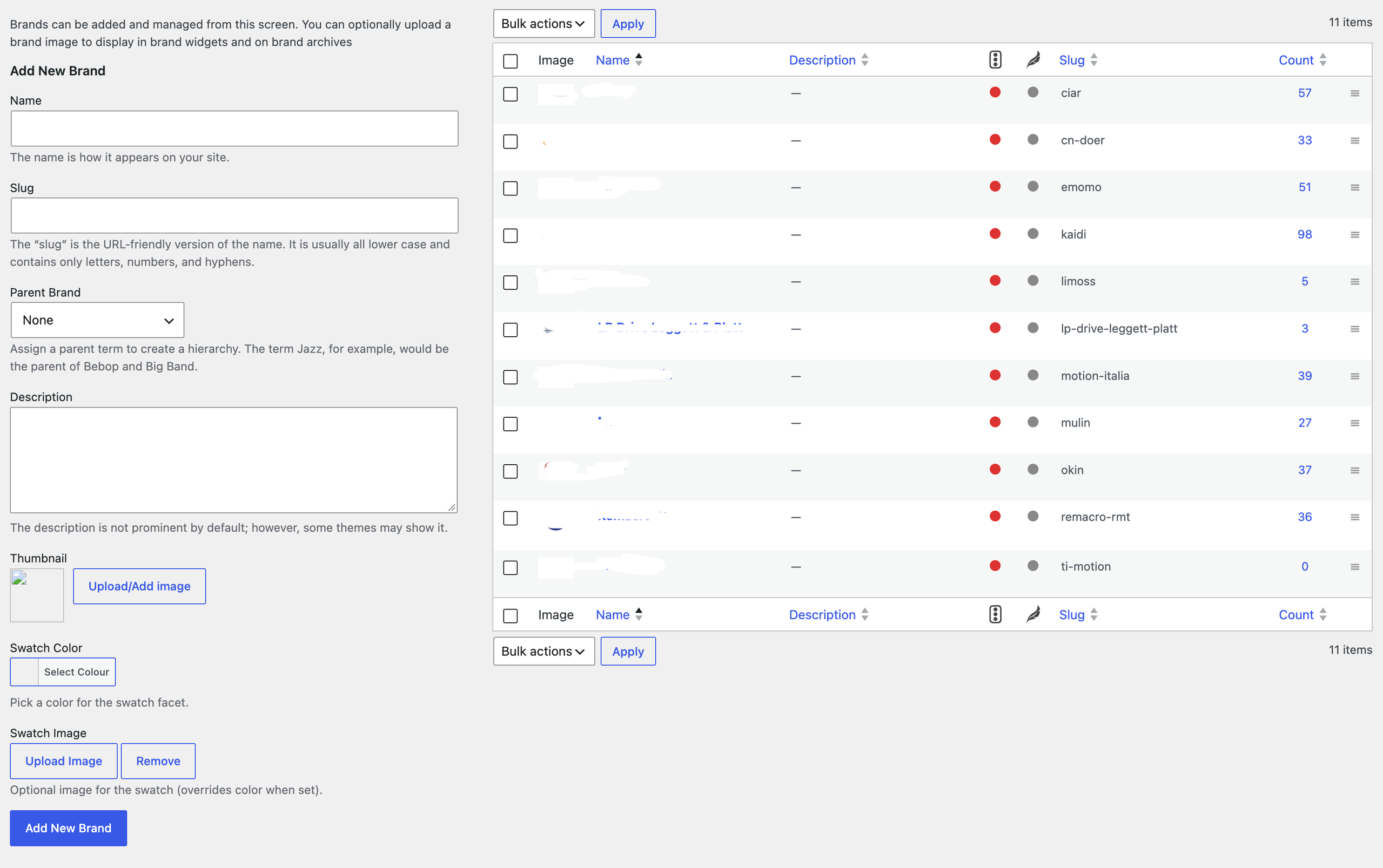 WooCommerce brands panel on the product edit screen, replacing a separate brands plugin