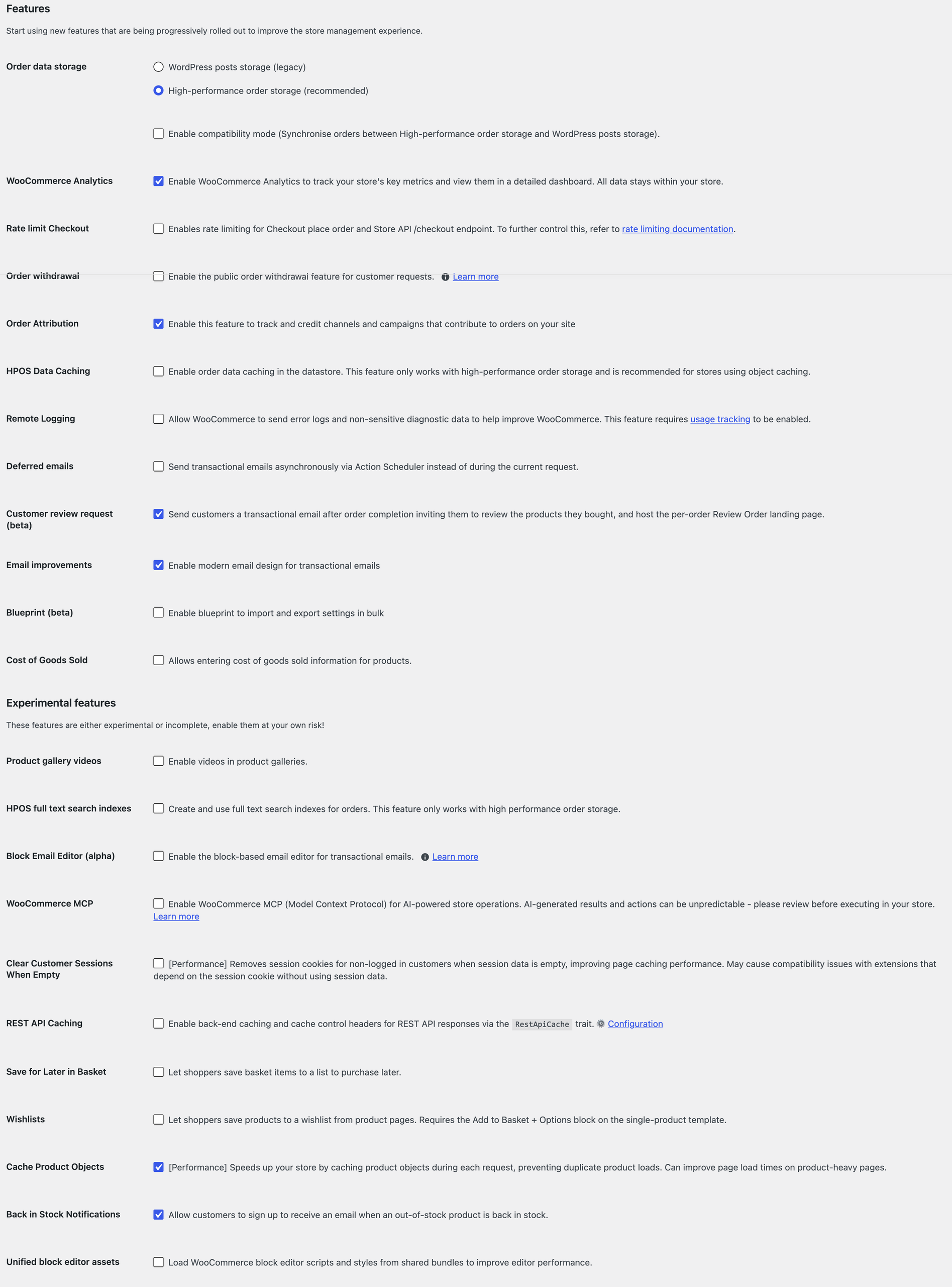 WooCommerce features settings screen showing beta and experimental options