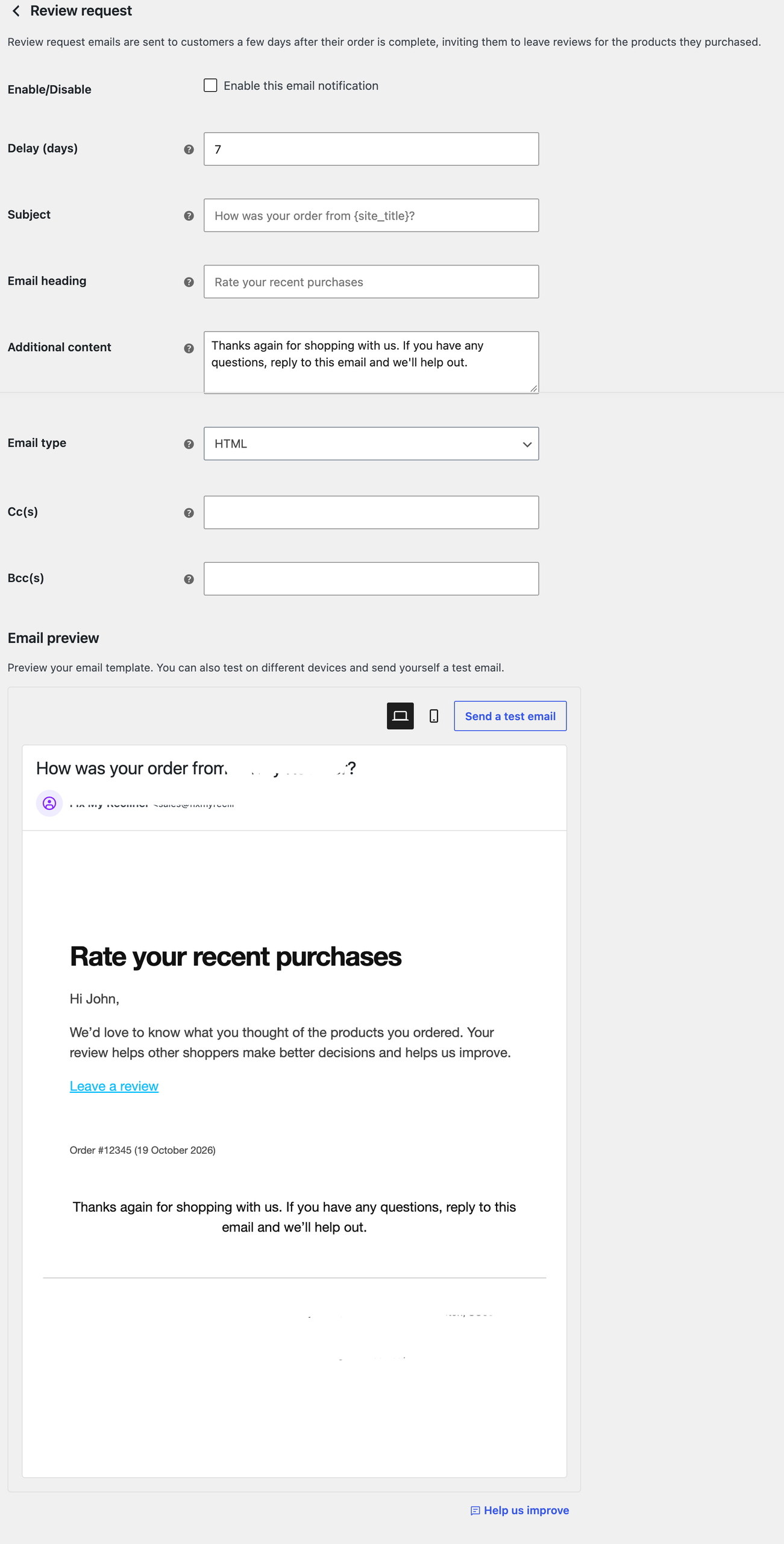 WooCommerce review request email settings with a seven day delay